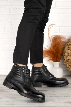 Ayakland Knt 363 Leather Men's Boots Shoes with Fur Inside and Zipper Black - genuine leather