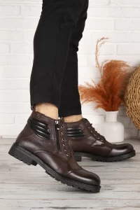 Ayakland Knt 363 Leather Men's Boots Shoes with Fur Inside and Zipper Black - genuine leather - Brown