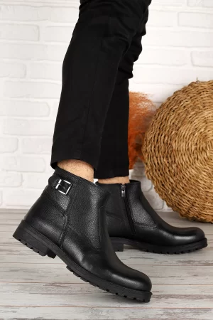 Ayakland Knt 044-1 Leather Men's Boots Shoes with Fur Inside-Zipper Black - genuine leather